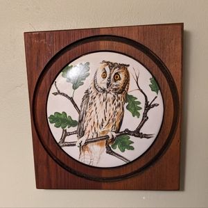 Wood Framed Art Round Ceramic Owl Tile Wall Decor Cabin Brown & White Tree 7" SQ